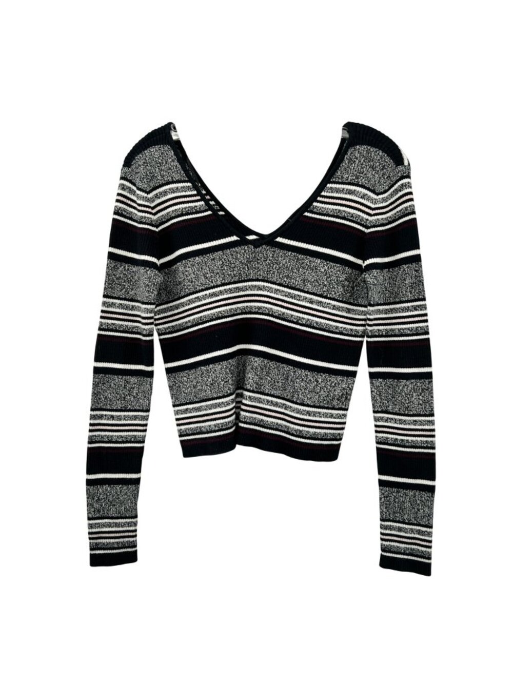 L.A. Hearts Striped Cropped Sweater V-Neck Long Sleeve Black/Multi Size Large